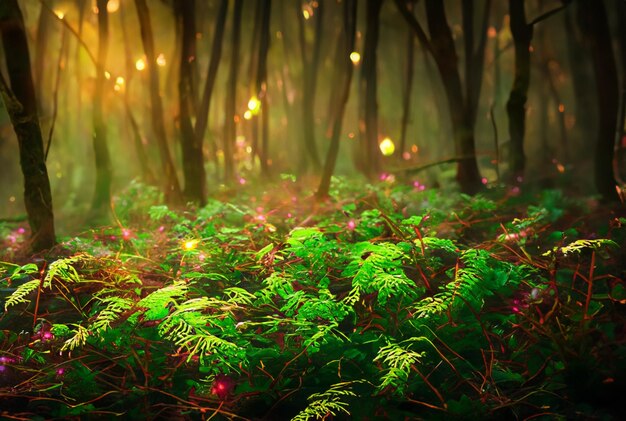 Fotografie aus der Nähe Magischer Wald mit lebendigen, leuchtenden Pflanzen Hintergrund