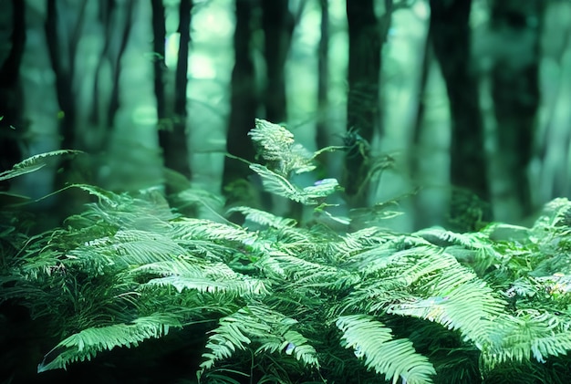 Fotografie aus der Nähe Magischer Wald mit lebendigen, leuchtenden Pflanzen