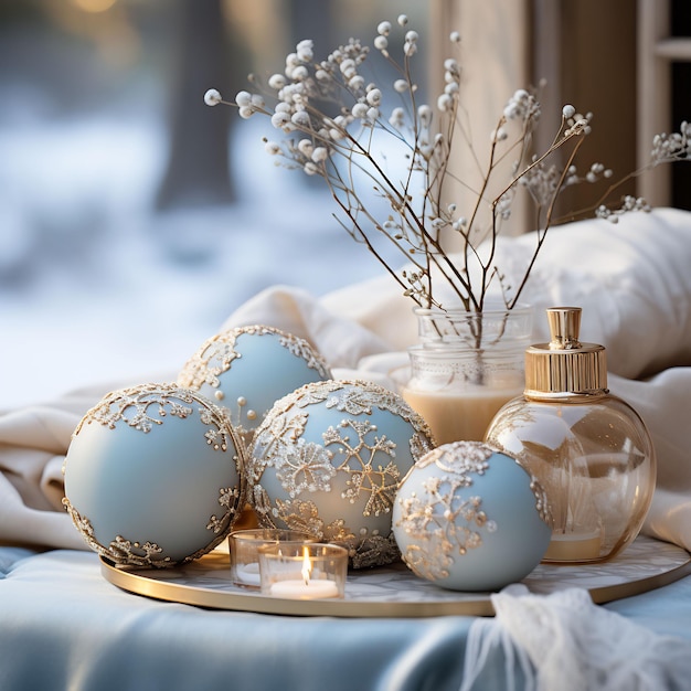 Fotografie einer gemütlichen Winterkulisse mit Schneeflocken und Winterdekoration in Weiß-Blau-Tönen