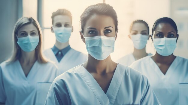 Fotografie einer Gruppe von Ärzten mit Gesichtsmasken, die im Hintergrund des Krankenhauses auf die Kamera schauen