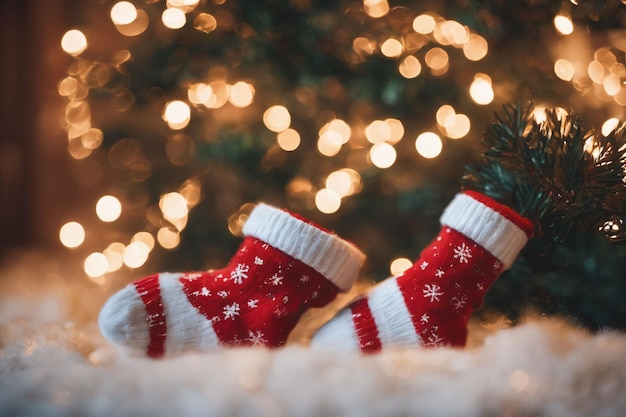 Fotografie einer Weihnachtsstrümpfe mit Weihnachten-Ornamenten im Hintergrund