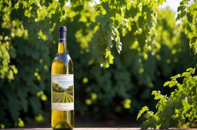 Fotografie einer Weißweinflasche inmitten von Weinreben