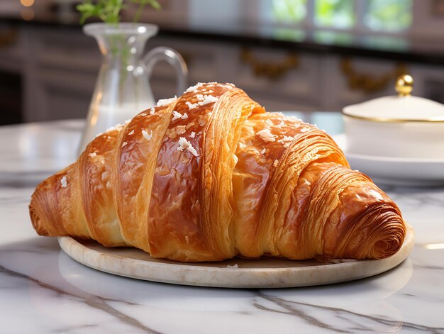 Fotografie eines französischen Croissants auf dem weißen Marmortisch, erstellt von der KI