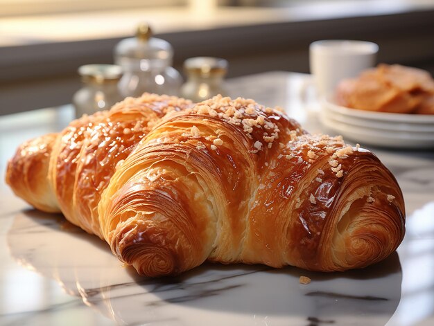 Fotografie eines französischen Croissants auf dem weißen Marmortisch, erstellt von der KI