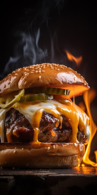 Fotografie eines Gourmet-Burgers mit Cheddar-Steak und knackigem Salatgurkenei