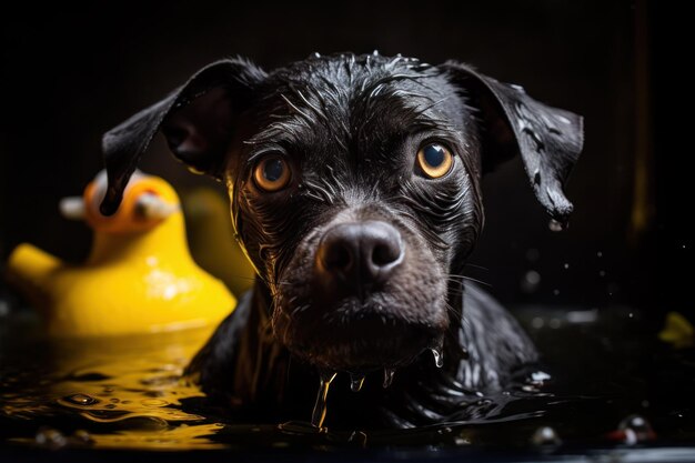 Fotografie eines süßen nassen Hundes in einer Badewanne mit Schaum