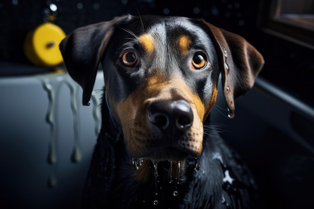 Fotografie eines süßen nassen Hundes in einer Badewanne mit Schaum