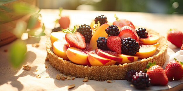 Fotografie Food Styling Makro Nahaufnahme Sommer-Fruchttorte mit Pfirsichen