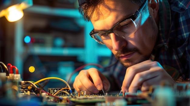 Fotografie Mann mit Brille arbeitet an einer Leiterplatte in einem dunklen Raum AIG41