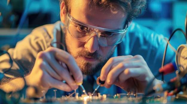 Fotografie Mann mit Brille arbeitet an einer Leiterplatte in einem dunklen Raum AIG41