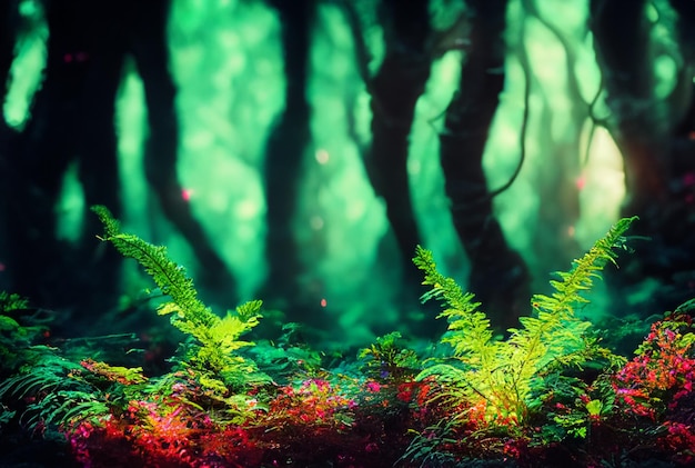 Fotografie Nahaufnahme Zauberhafter Wald mit leuchtend leuchtenden Pflanzen