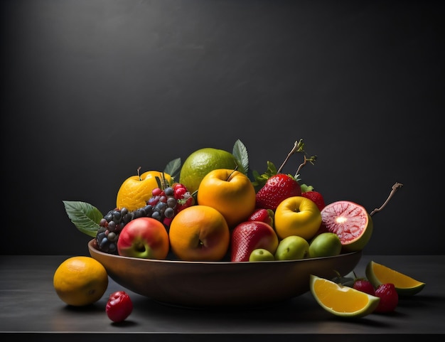 Fotografíe un plato de comida de frutas en una mesa en el Día Mundial de la Inocuidad de los Alimentos con IA generativa