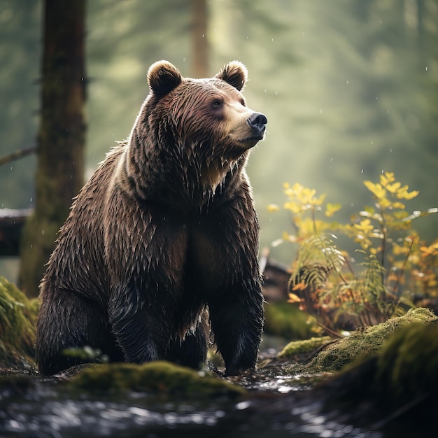 Fotografie von einem stehenden Bären im Wald