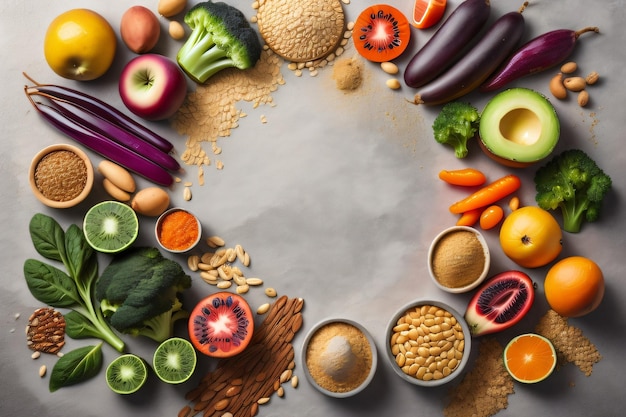 Fotografie von gesundem Essen sauberes Essen von frischem Obst buntes Gemüse Samen Superfood Getreide