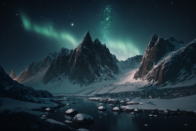 Fotografie von realistischen schneebedeckten Bergen bei Nacht mit Nordlichtern Ai generierte Kunst