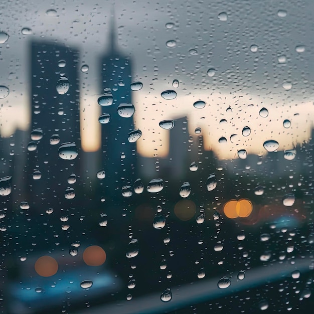 Fotografie von Regentropfen auf dem Fensterglas im Fokus mit verschwommener Skyline der Stadt im Hintergrund