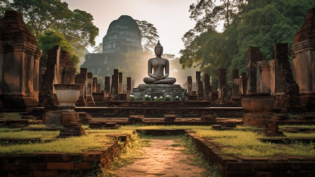 Fotografieren der Buddha-Statue in den Tempelruinen von Sukhothai in Thailand. GENERIEREN SIE KI