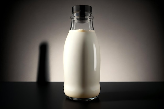 Fotografieren Sie am Weltmilchtag eine mit köstlicher Milch gefüllte Flasche auf einem Tisch mit generativer KI