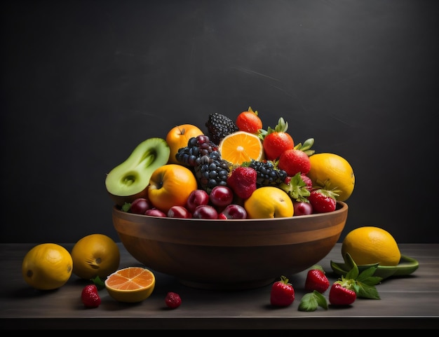 Fotografieren Sie am Welttag der Lebensmittelsicherheit eine Schüssel mit Obst auf einem Tisch mit generativer KI