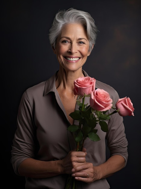 Fotografieren Sie das Porträt einer Frau, die einen Rosenstrauß hält
