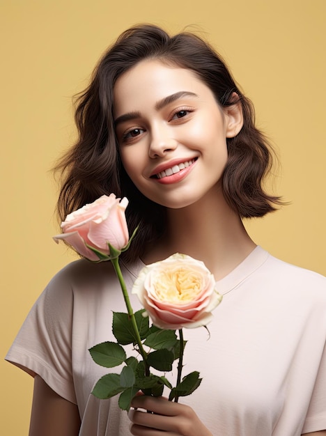 Fotografieren Sie das Porträt einer Frau, die einen Rosenstrauß hält