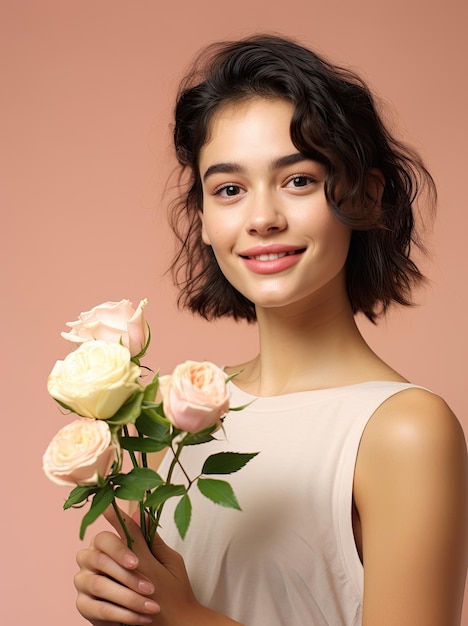 Fotografieren Sie das Porträt einer Frau, die einen Rosenstrauß hält