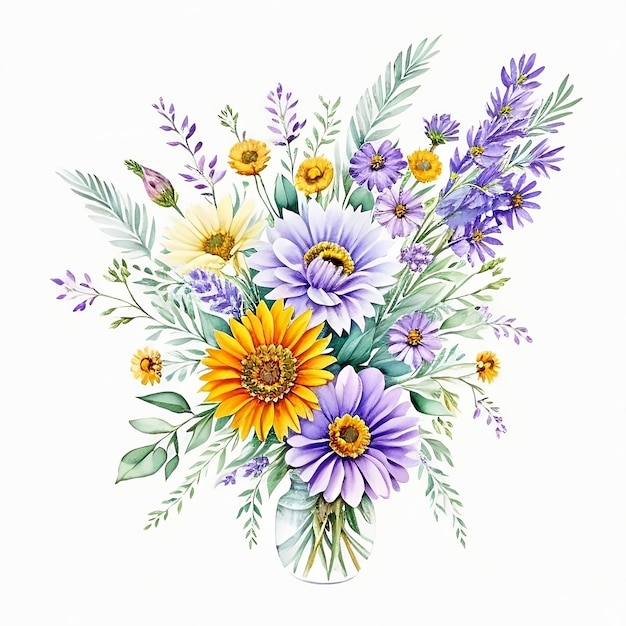 Fotografieren Sie ein Aquarellgemälde eines Blumenstraußes als Frühlings- oder Sommerdekoration