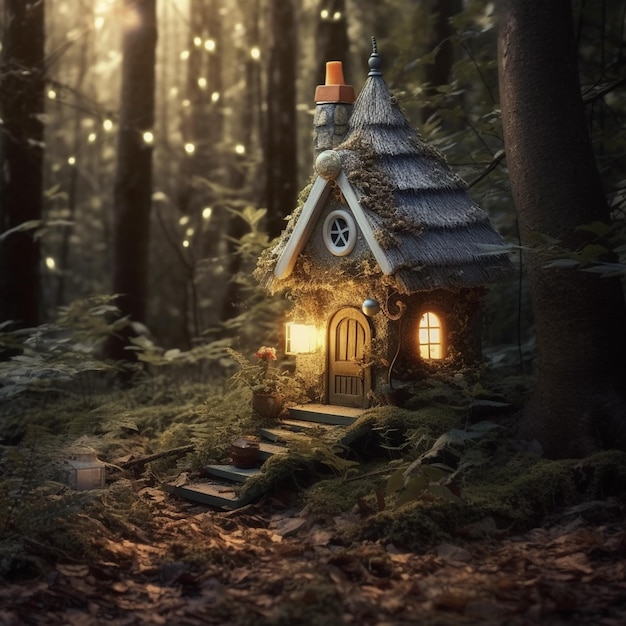 Fotografieren Sie ein Feenhaus im Wald mit einer Laterne und den von der KI generierten Worten „Märchen“.