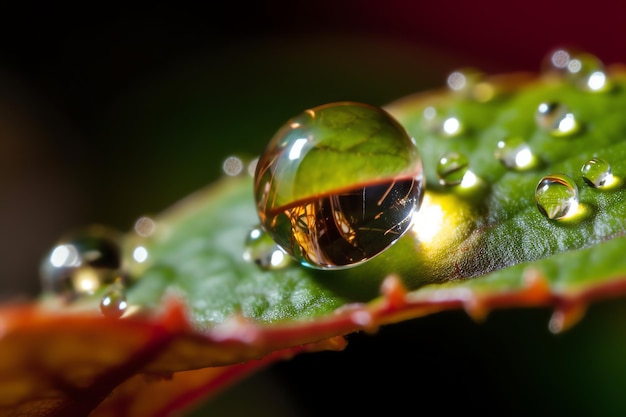 Fotografieren Sie ein grünes Blatt mit Wassertropfen darauf