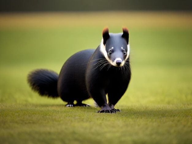 Fotografieren Sie ein Skunk-Tier auf einem Feld, aufgenommen mit einer DSLR-Kamera