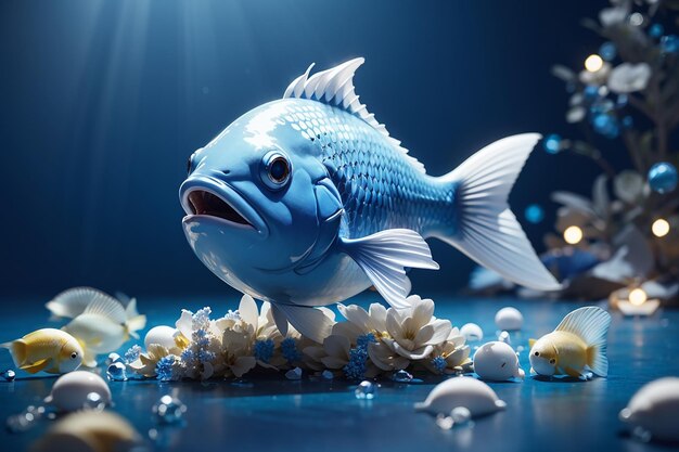 Fotografieren Sie eine blaue Tapete mit blauem Hintergrund und einem weißen Fisch