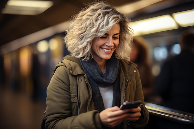 Fotografieren Sie eine Person, die ihr Smartphone im Bahnhof nutzt