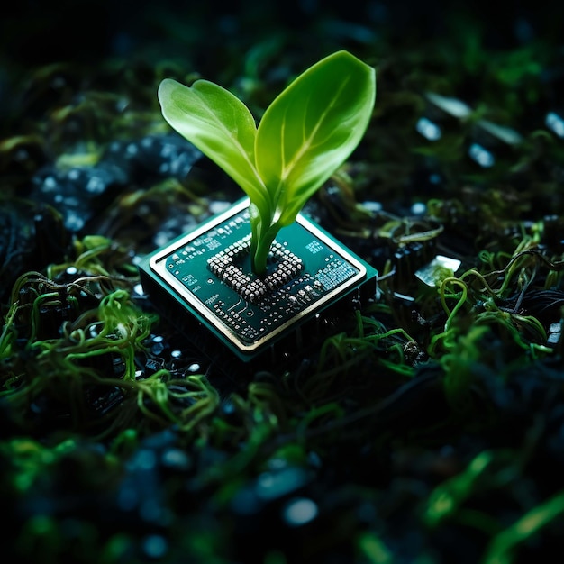 Fotografieren Sie einen Computerchip mit einem grünen Spross mithilfe generativer KI-Technologien und einem organischen digitalen Hintergrund