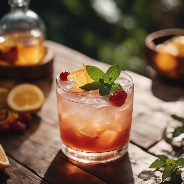 Fotografieren Sie einen erfrischenden Sommercocktail auf einem Holztisch, erzeugt durch KI