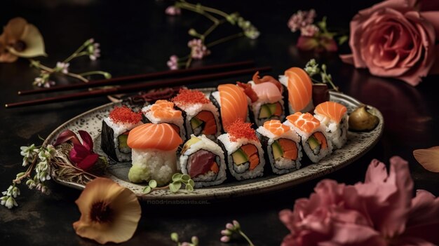 Fotografieren Sie einen Teller Sushi und Sushi mit Blumen und Blättern darauf