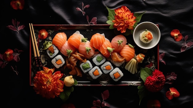 Fotografieren Sie einen Teller Sushi und Sushi mit Blumen und Blättern darauf