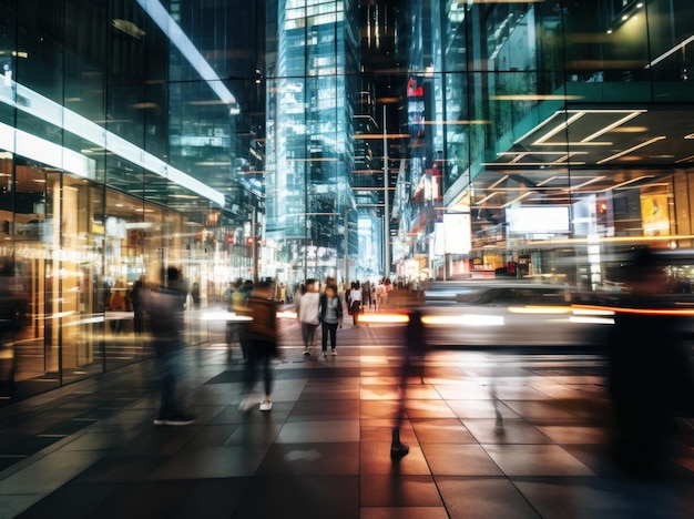 Fotografieren Sie Menschen, die nachts in einer modernen Stadt spazieren gehen, mit verschwommenem Hintergrund