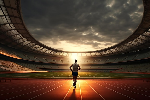 Fotografischer Sportler joggt morgens im Stadion
