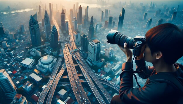 Fotógrafo aéreo capturando la bulliciosa metrópolis en la rutina diaria y el entorno de trabajo