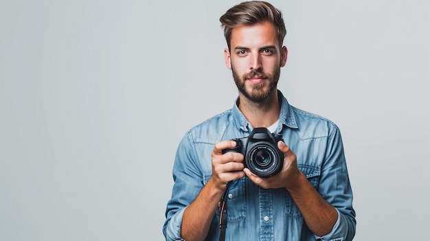 Fotógrafo alemán con lente en la mano sobre un fondo blanco JPG Generative Ai