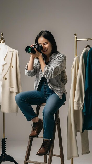 Fotógrafo asiático sentado en una escalera en un estudio con una cámara y tomando fotos de artículos de moda