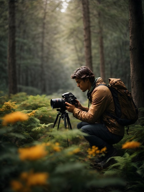 Un fotógrafo con cámara capturando la imagen de la naturaleza.