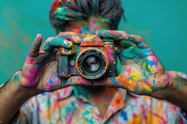 fotógrafo con la cámara de pintura de Holi