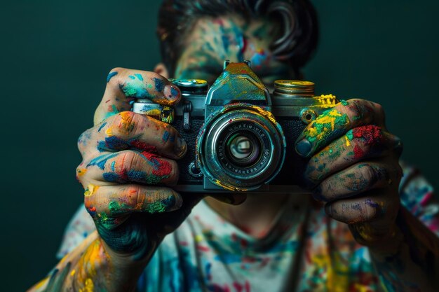 fotógrafo con la cámara de pintura de Holi