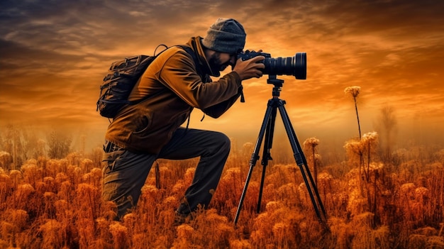 un fotógrafo en un campo de color naranja