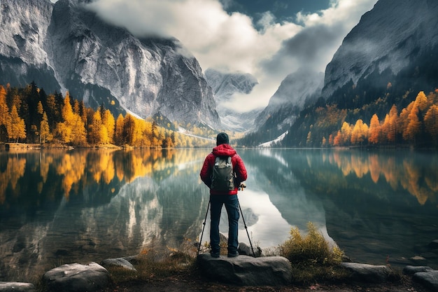 Fotógrafo capturando el lago Konigsee en el otoño alpino Ai generativo