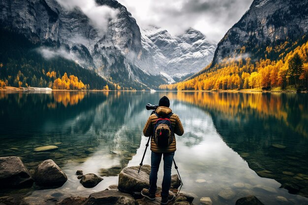 Fotógrafo capturando el lago Konigsee en el otoño alpino Ai generativo