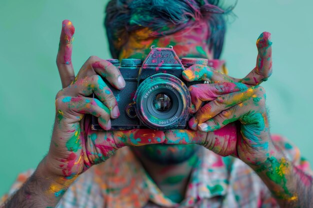 fotógrafo com câmara de pintura Holi