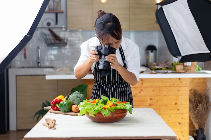 Foto fotógrafo de comida, mujeres asiáticas está tomando fotos de comida, su comida en el estudio.