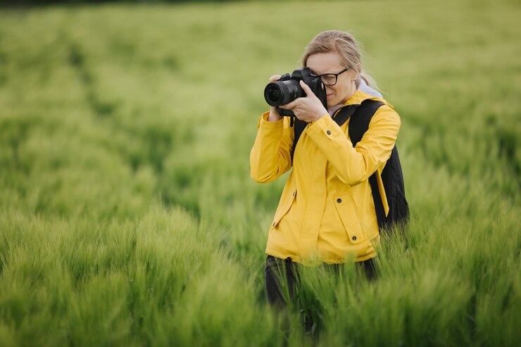 Fotógrafo competente tomando fotografías de la naturaleza increíble
